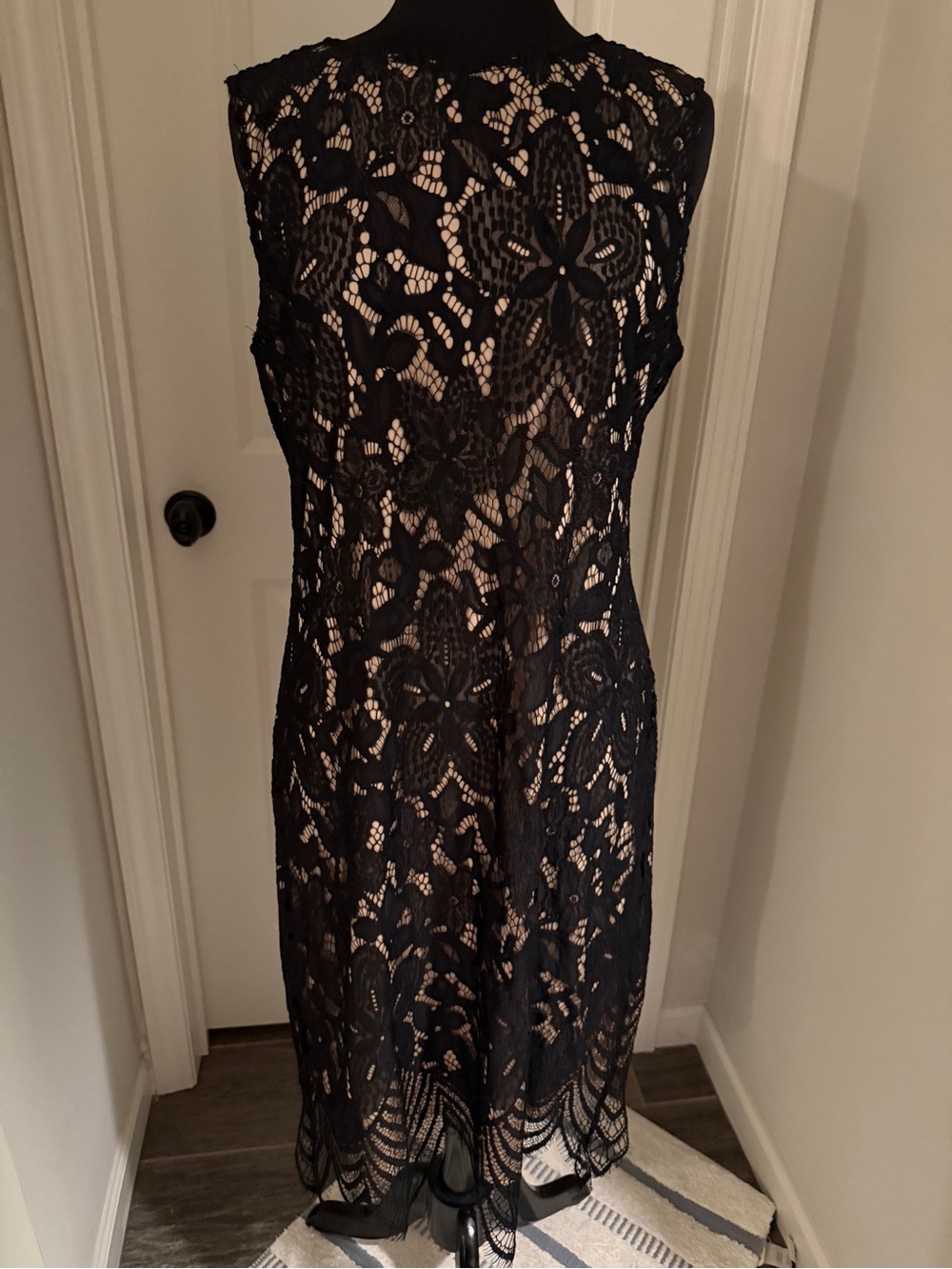 Sharagano Black Lace Midi Dress with Nude Underlay